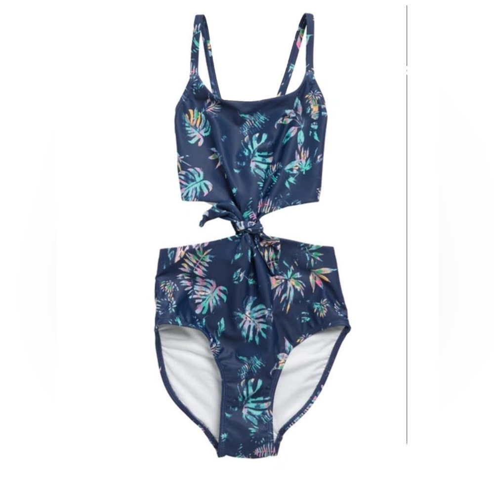 Melrose & Market Navy Denim Tropical Palms One Piece Swimsuit Size Medium NWT